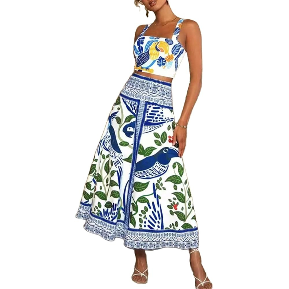 Womens Printed Skirt Outfits Floral Halter Crop Top A Line Maxi Skirt Casual Going Out Sets | Amazon (US)