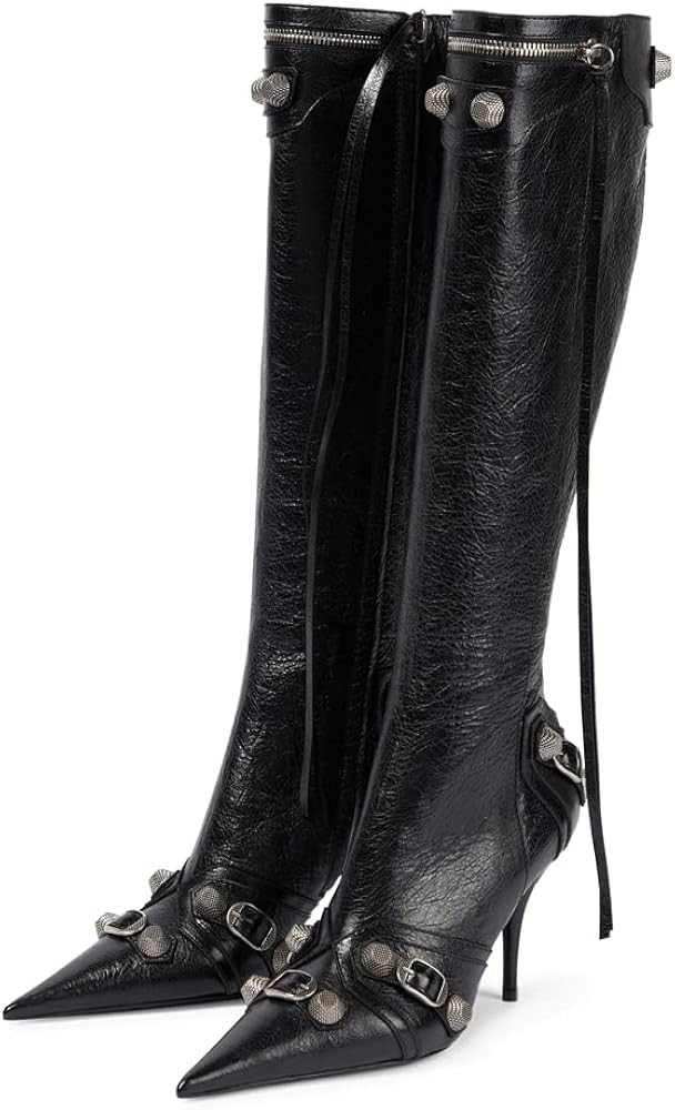 Oiamenne Knee High Boots for Women Fashion Slide Zipper Pointed Toe Stiletto Studded High Heel Ri... | Amazon (US)