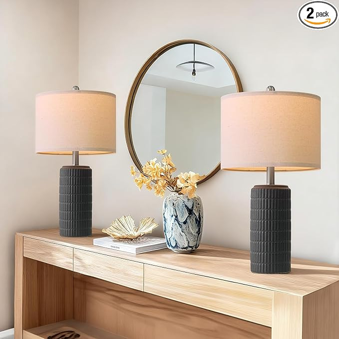 PoKat 23" Matte-Textured Ceramic Table Lamps Set of 2 for Bedroom, Stone-Like Modern Bedside Lamp... | Amazon (US)
