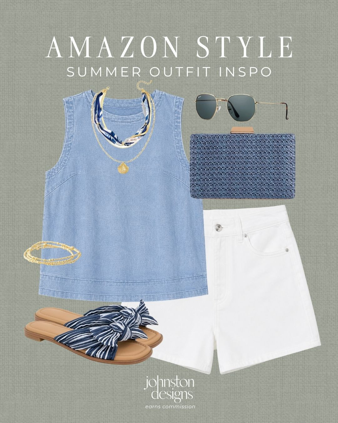 Amazon summer outfit inspo with a denim tank, white shorts and blue accessories for an easy everyday look. 💙

Amazon summer outfit, denim tank top, white shorts outfit, blue clutch bag, striped bow sandals, silk scarf necklace, gold shell necklace, round sunglasses, gold bracelet stack, casual summer style, everyday outfit inspo, vacation outfit idea, coastal summer fashion, affordable Amazon finds 

 #LTKootd #LTKSeasonal