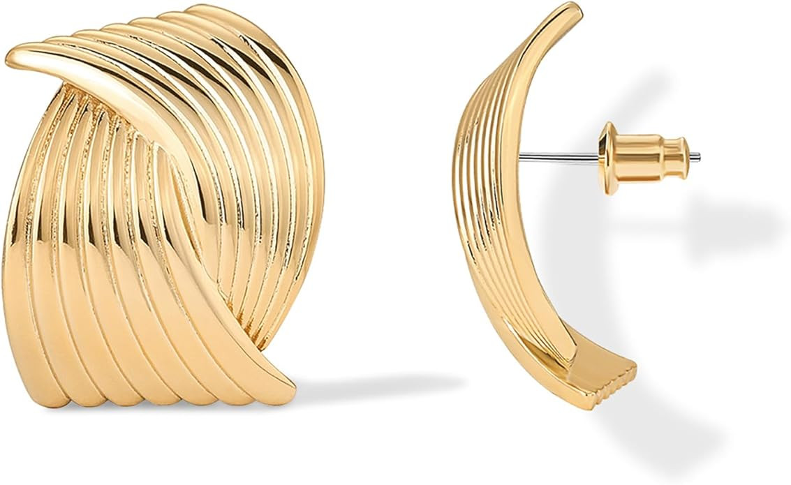 PAVOI 14K Gold Plated Chunky Vintage Earrings for Women - Trendy Textured Ribbed Knot Geometric T... | Amazon (US)