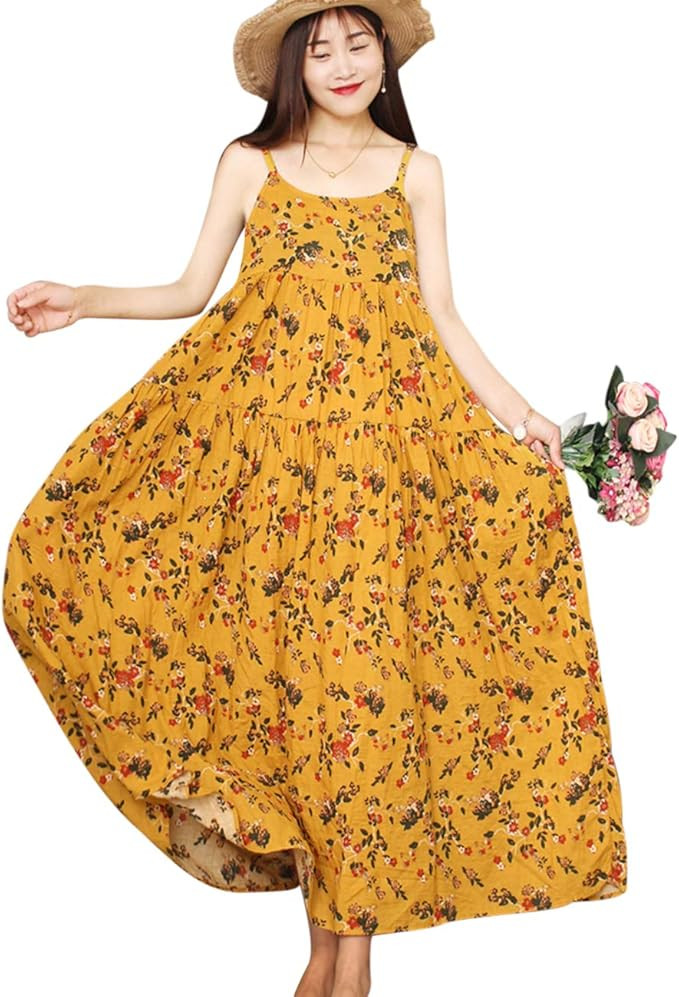 YESNO Women Casual Loose Bohemian Floral Print Dresses Spaghetti Strap Long Maxi Summer Beach Swi... | Amazon (US)