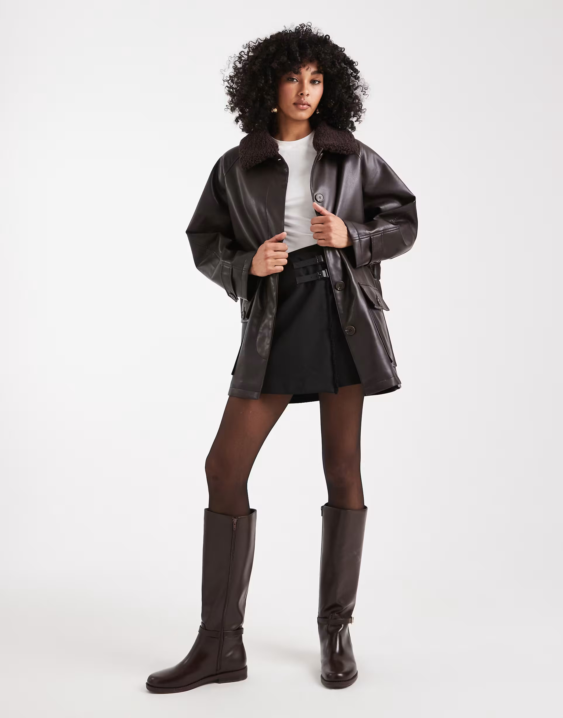 ASOS DESIGN leather look jacket with borg collar and cinch waist in chocolate  | ASOS | ASOS (Global)