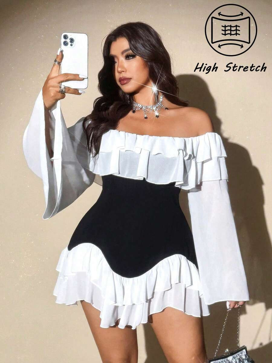 Viva Relle Plus Size Women's Elegant Black & White Patchwork Chiffon Off-Shoulder Ruffle Hem Mini Dress,Summer Girlism Bachelorette Party Night Out Club Fall | SHEIN