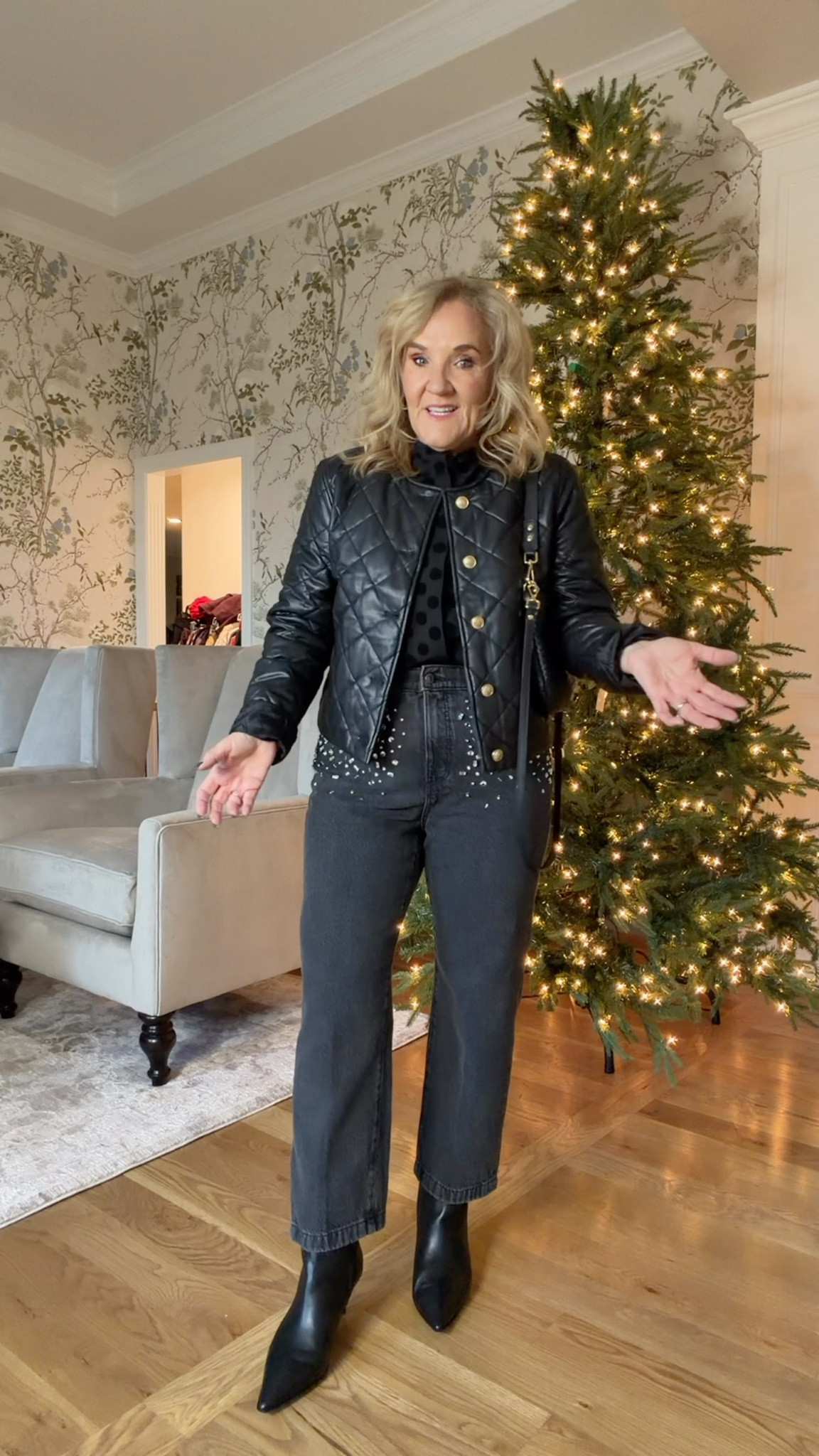 Walmart faux leather jacket size medium 
Polka dot blouse size medium 
Jeans no stretch size 29/8 petite but you might size up if inbetween 
Boots size up 1/2 

#LTKFindsUnder100 #LTKOver40 #LTKHoliday
