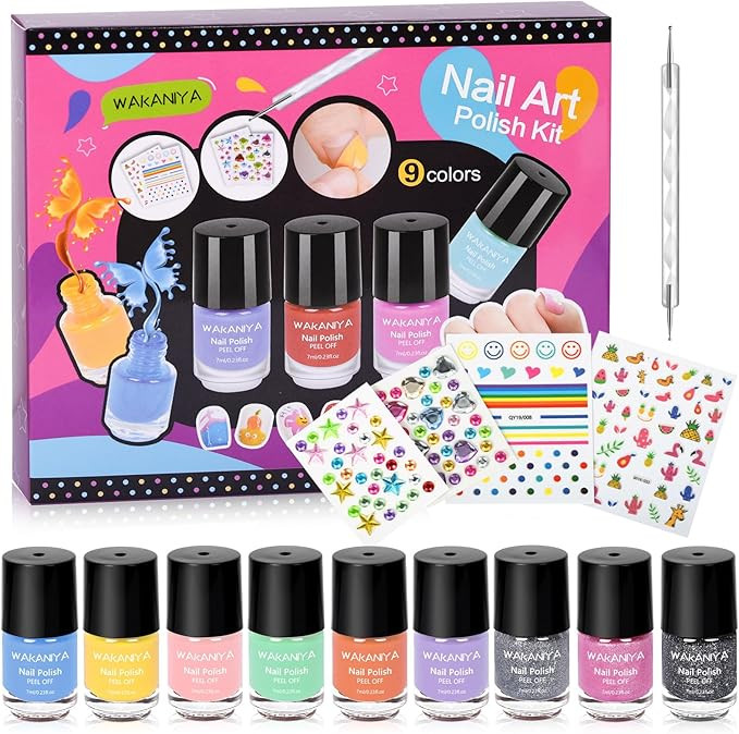 wakaniya Kids Nail Polish Set for Girls, 9 Rainbow Colors Non Toxic Low Odor Water Base Nail Poli... | Amazon (UK)