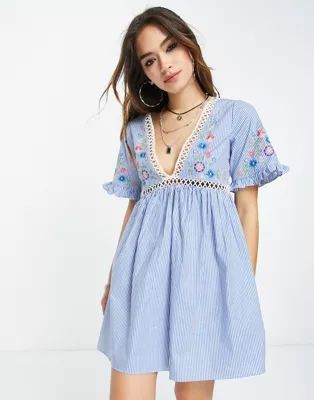 ASOS DESIGN cotton embroidered sundress in blue stripe | ASOS (Global)