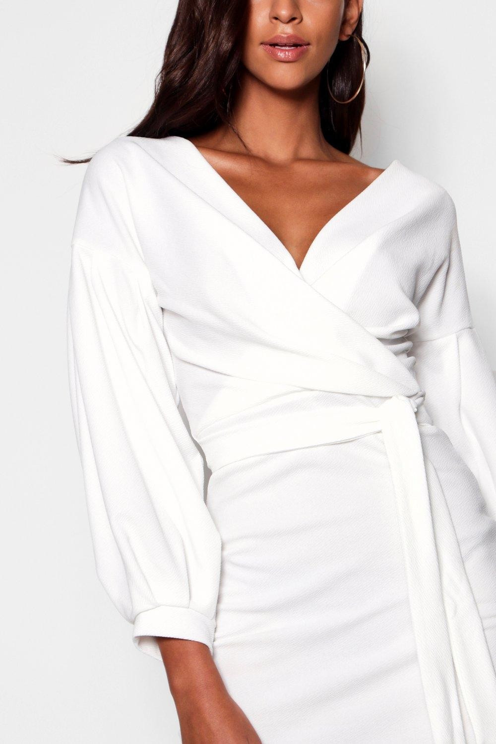 Tall Off The Shoulder Wrap Midi Bodycon Dress | Boohoo.com (UK & IE)