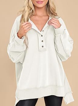 AlvaQ Womens Women's Oversized Sweatshirt Casual Long Sleeve Button Henley Neck Pullover Tunic To... | Amazon (US)