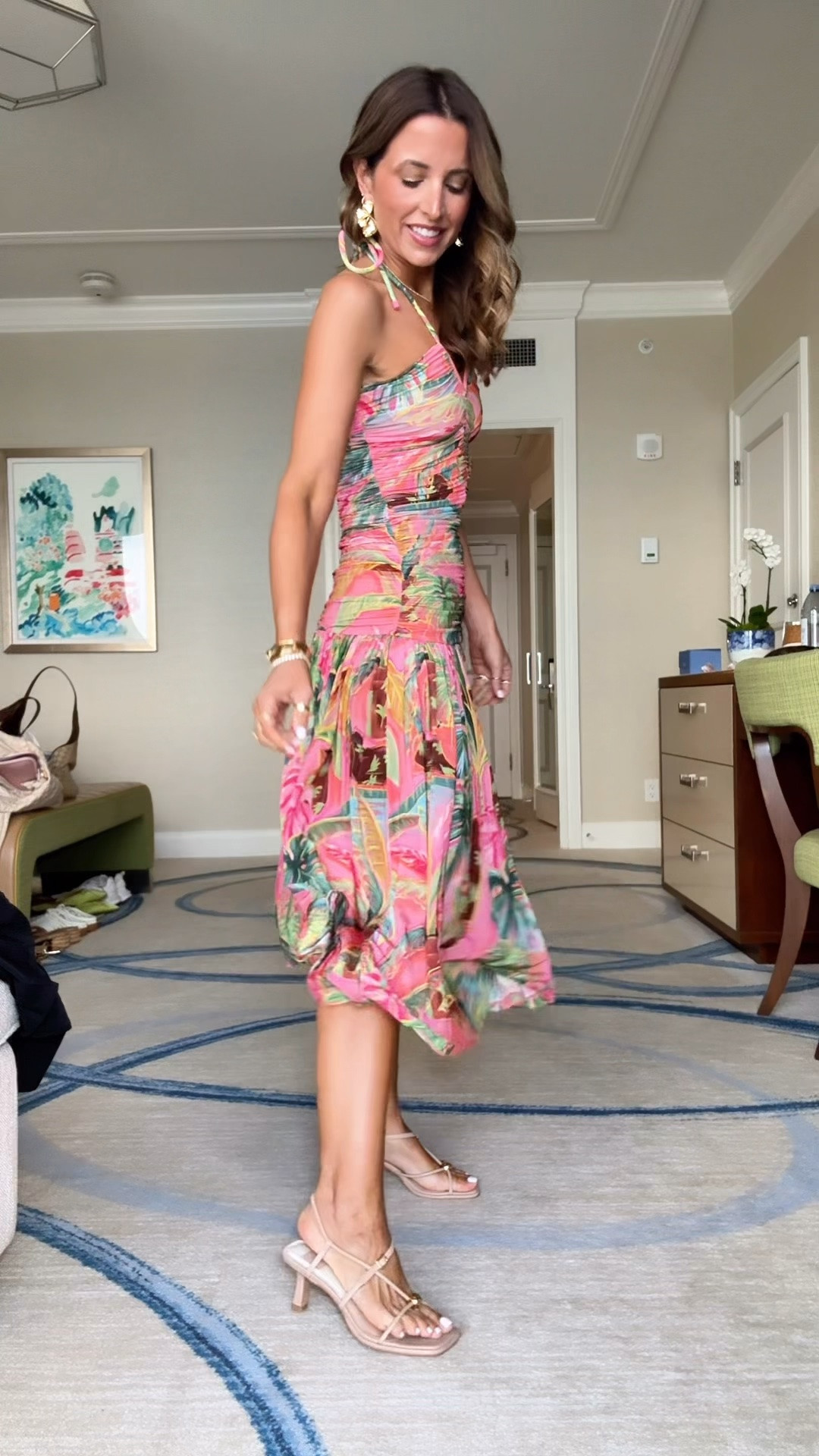 My Palm Beach dinner outfit. Farm Rio midi dress in XXS. Strappy neutral heels are TTS. Shell purse. Resort wear. Resort outfit. Vacation outfit. Vacation dress. Destination wedding.

#LTKTravel #LTKSwim #LTKWedding