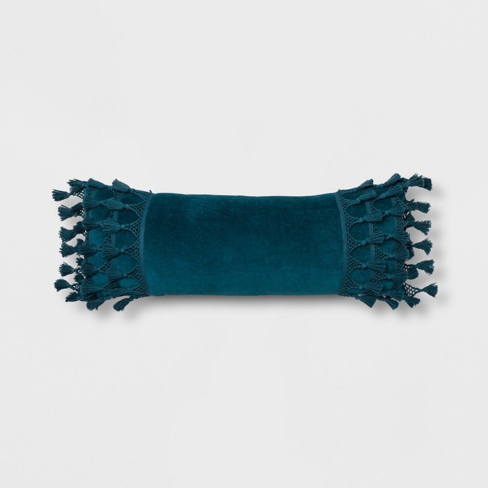 Lace Trim Velvet Oversized Lumbar Pillow Teal - Opalhouse , Blue | Target