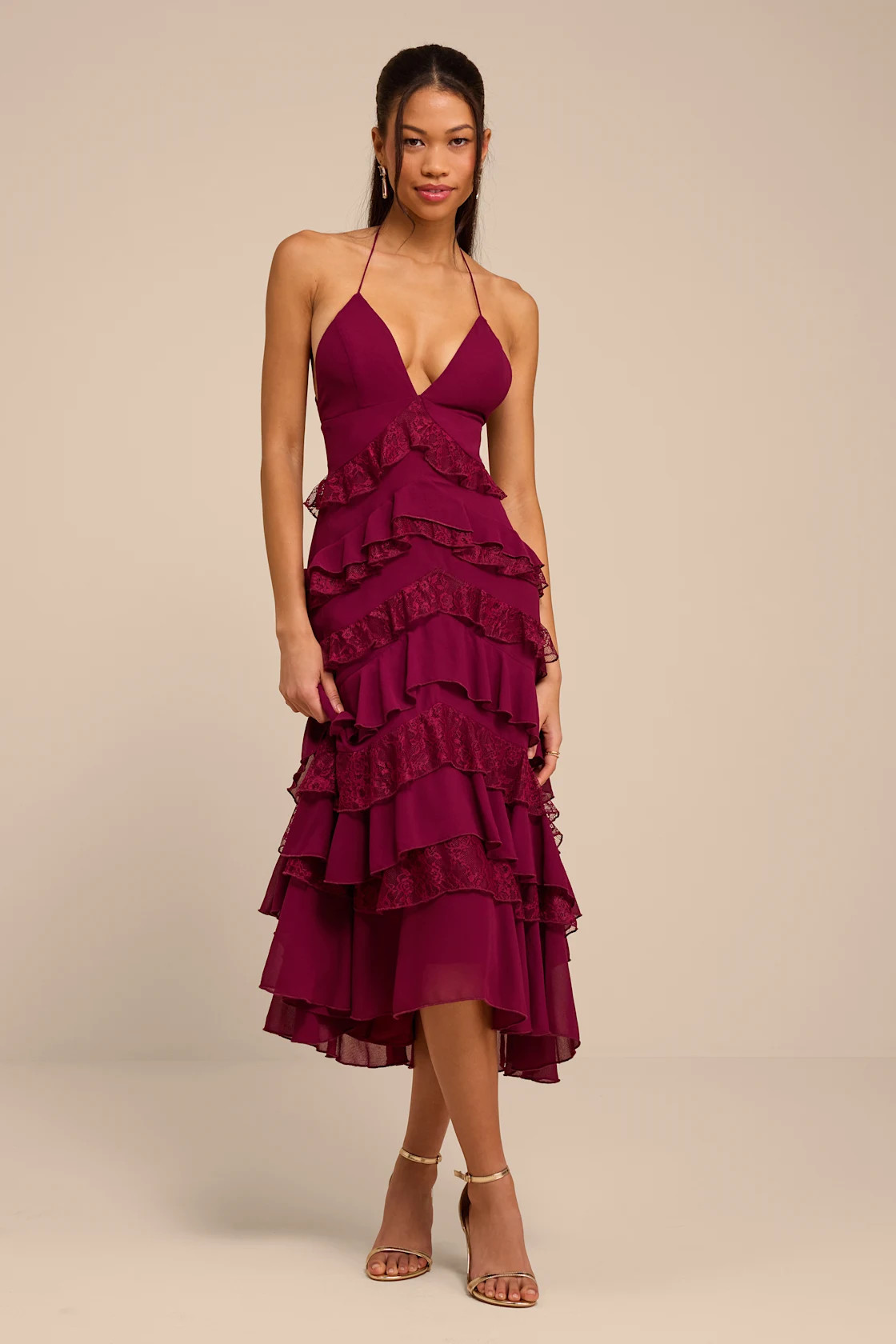 Melena Burgundy Ruffled Lace Midi Dress | Lulus