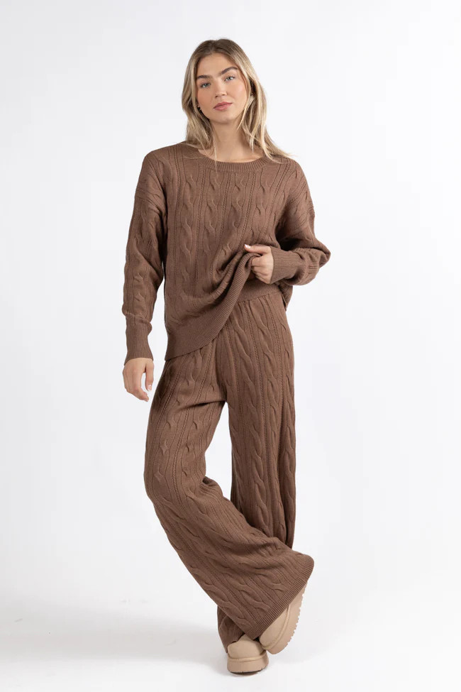 Forever Winter Mocha Cable Knit Sweater Lounge Pants  DOORBUSTER | Pink Lily