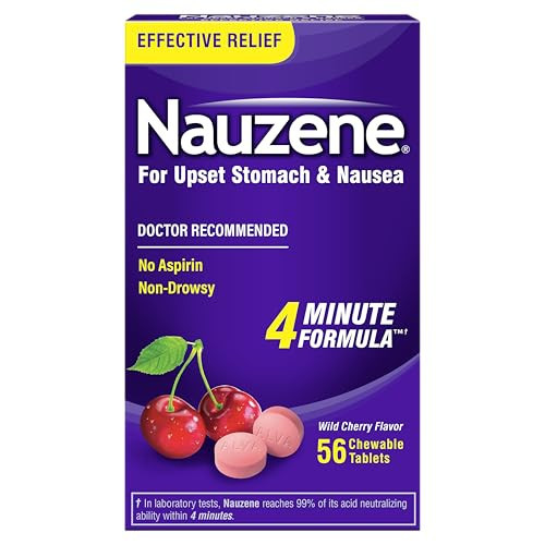 Nauzene Non-Drowsy Upset Stomach & Nausea Relief Chewable Tablets | 4-Minute Formula | Doctor Recommended | Wild Cherry Flavor | 56 Count | Amazon (US)