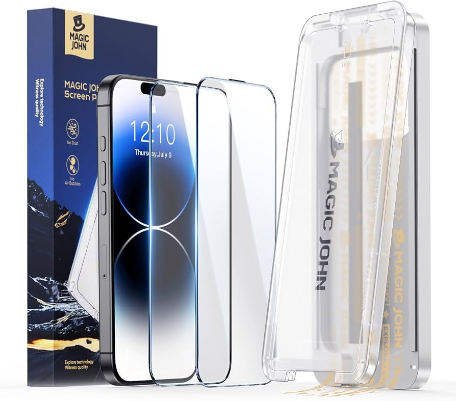 MAGIC JOHN 2 Pack for iPhone 14 Pro Screen Protector, with Shatterproof Tempered Film, Auto Dust-... | Amazon (US)
