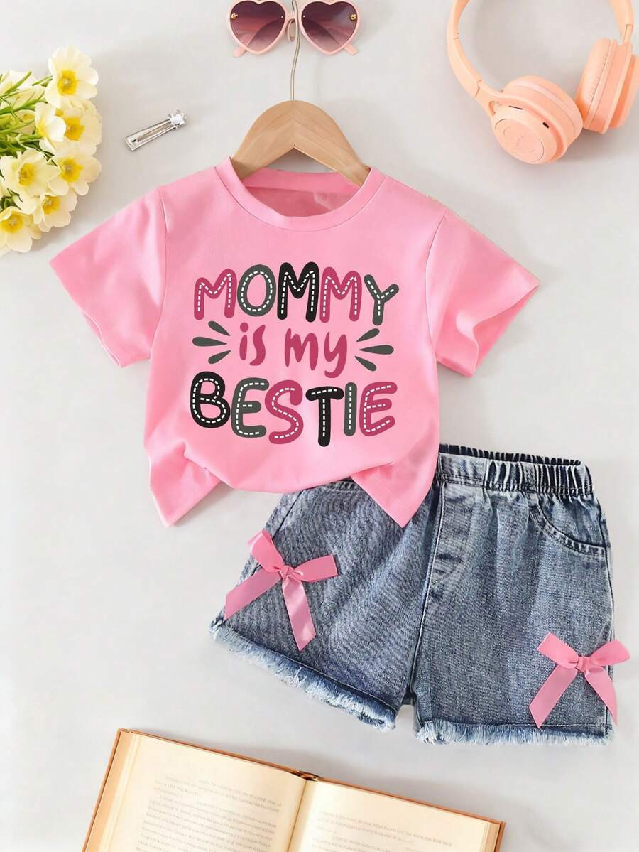 Toddler Girls' Letter Print Short Sleeve Top And Denim Shorts Set | SHEIN