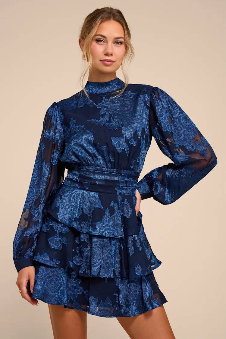 Maeve Navy Blue Floral Burnout Tiered Mini Dress | Lulus