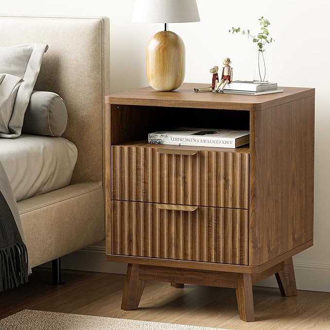 Fluted Nightstand with 2 Drawers, 18" Modern Night Stand with Faux Marble Top, Open Storage Shelf... | Amazon (US)