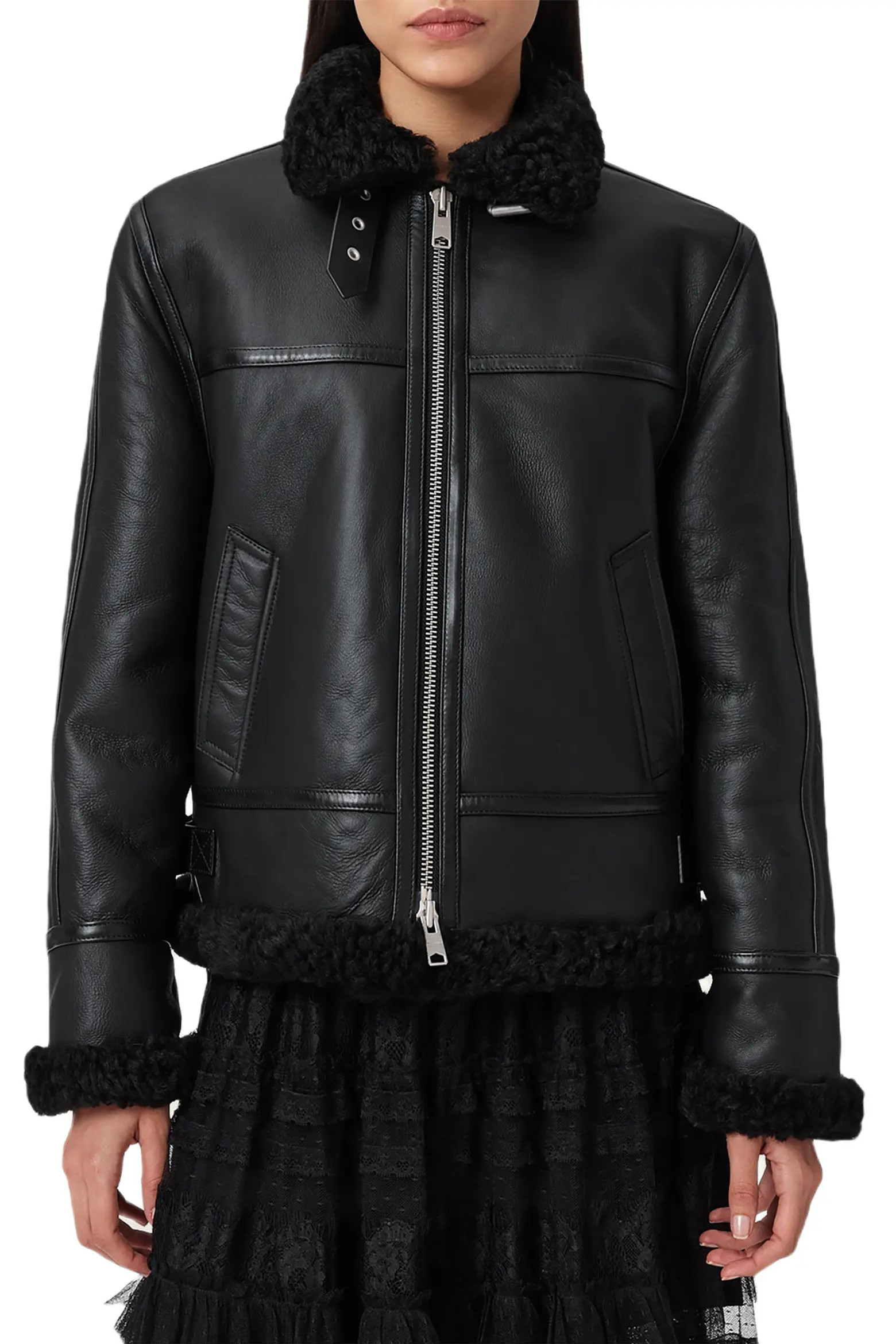 AllSaints Lorel Leather & Genuine Shearling Flying Jacket (Women) | Nordstrom | Nordstrom