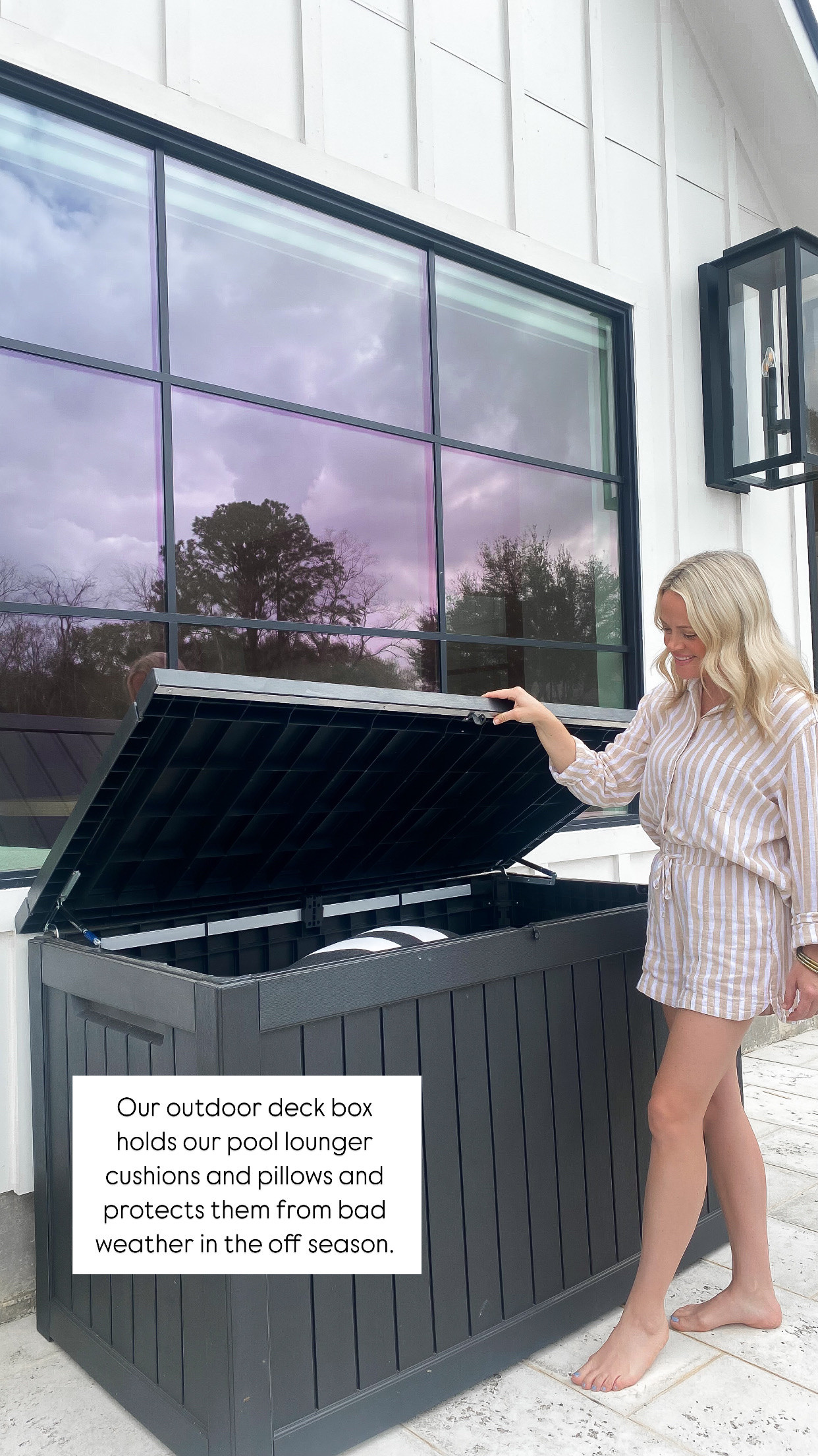 I have the 260 in this deck box and it holds all 4 of our pool lounger cushions and pillows! 

Outdoor storage / organization / storage / outdoor furniture / patio furniture / pool furniture / exterior lights / outdoor lights / lighting sale / watch now / home refresh 

#LTKFamily #LTKSwim #LTKHome