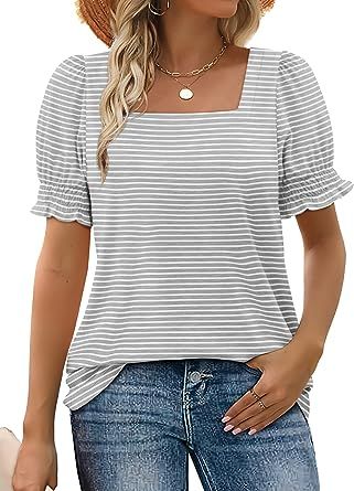 WIHOLL Tops for Women Summer Casual Ruffle Trim Sleeve Square Neck T Shirts | Amazon (US)