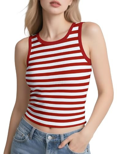 IVOVFANZY Women's Tank Tops - Striped Summer Slim Fit Sleeveless High Neck Outfits(Red&White, M) | Amazon (US)