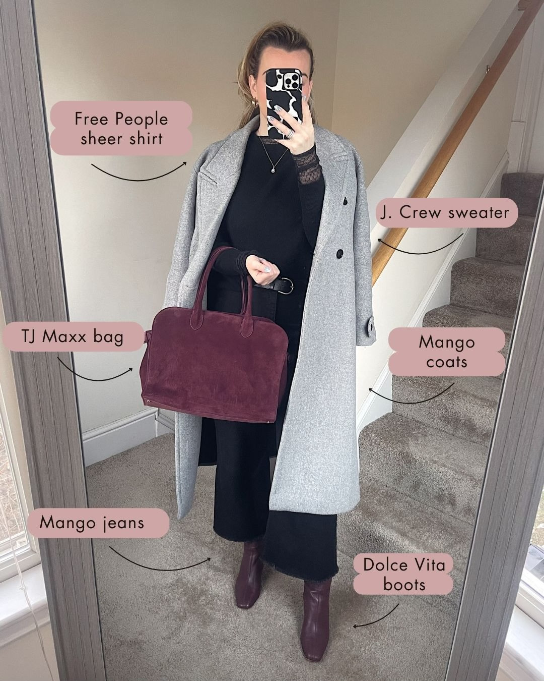 Grey mango coat, maroon bag, black jeans and black cashmere sweater 

#LTKgrwm #LTKdayinmylife #LTKWorkwear