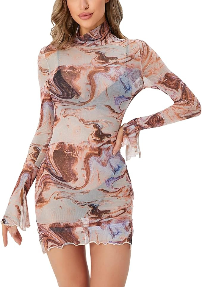 Women’s Floral Tie Dye Sheer Mesh Mini Dress Sexy Mock Neck Split Bodycon Flared Long Sleeve Be... | Amazon (US)