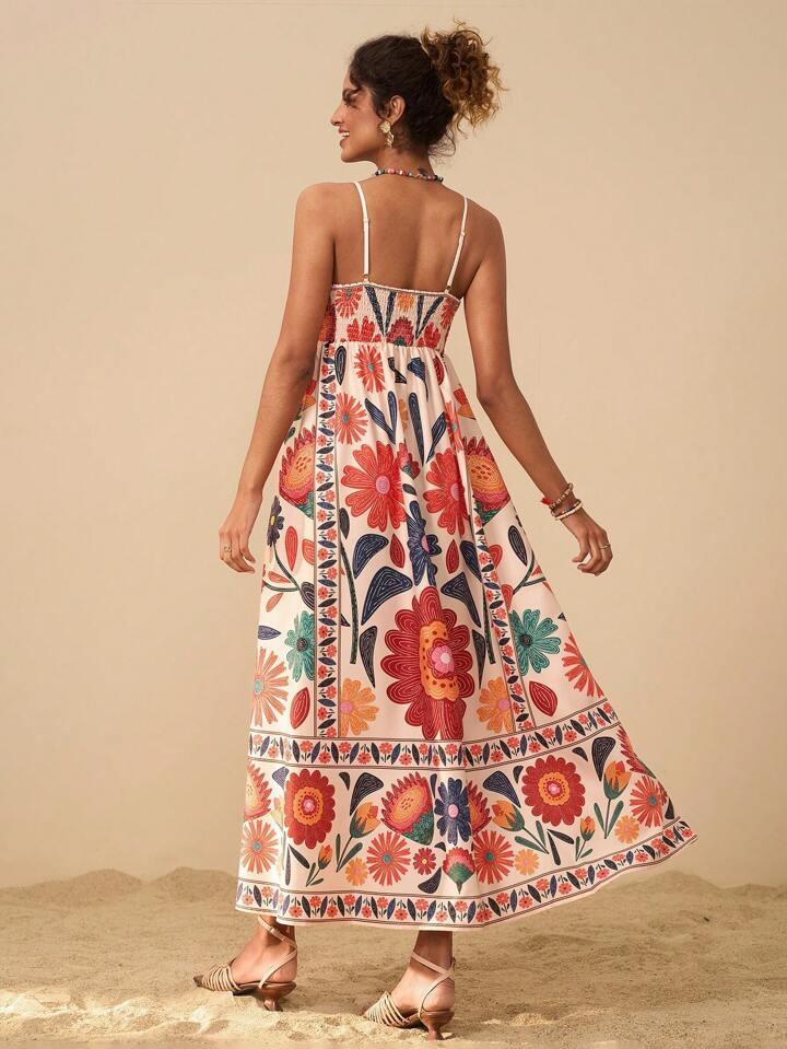 Travachic Summer Out Holiday Date Dress, Summer Holiday Leisure Tropical Plant Print Waist A Pend... | SHEIN