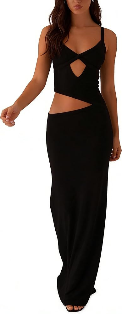 Women Sexy Cut Out Maxi Dress Spaghetti Strap Backless Bodycon Dress Y2k Formal Hollow Out Sleeve... | Amazon (US)