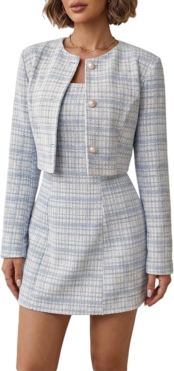 SOLY HUX Women's 2 Piece Outfits Plaid Long Sleeve Button Down Cropped Jacket and Sleeveless Mini... | Amazon (US)