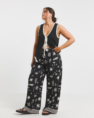 Mono Print Tie Waist Linen Mix Wide Leg Trouser | Simply Be (UK)