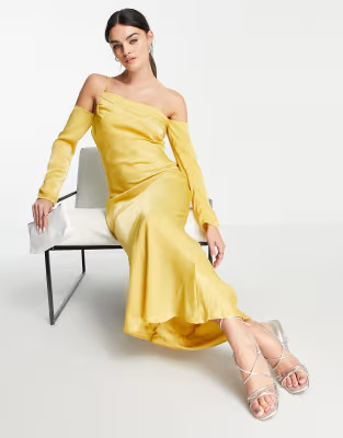 ASOS DESIGN Satin asymmetric maxi dress with cold shoulder detail in gold | ASOS (Global)