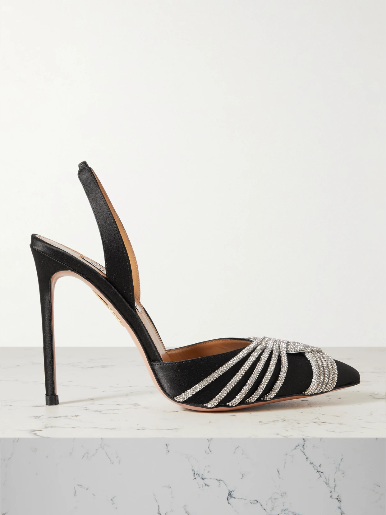 Aquazzura - Gatsby 105 Crystal-embellished Satin Slingback Pumps - Black | NET-A-PORTER (US)