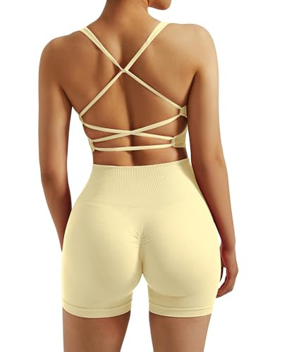 RXRXCOCO Seamless Workout Sets for Women 2 Piece Strappy Sports Bras Scrunch Butt Booty Shorts Matching Yoga Outfits Yellow Small | Amazon (US)