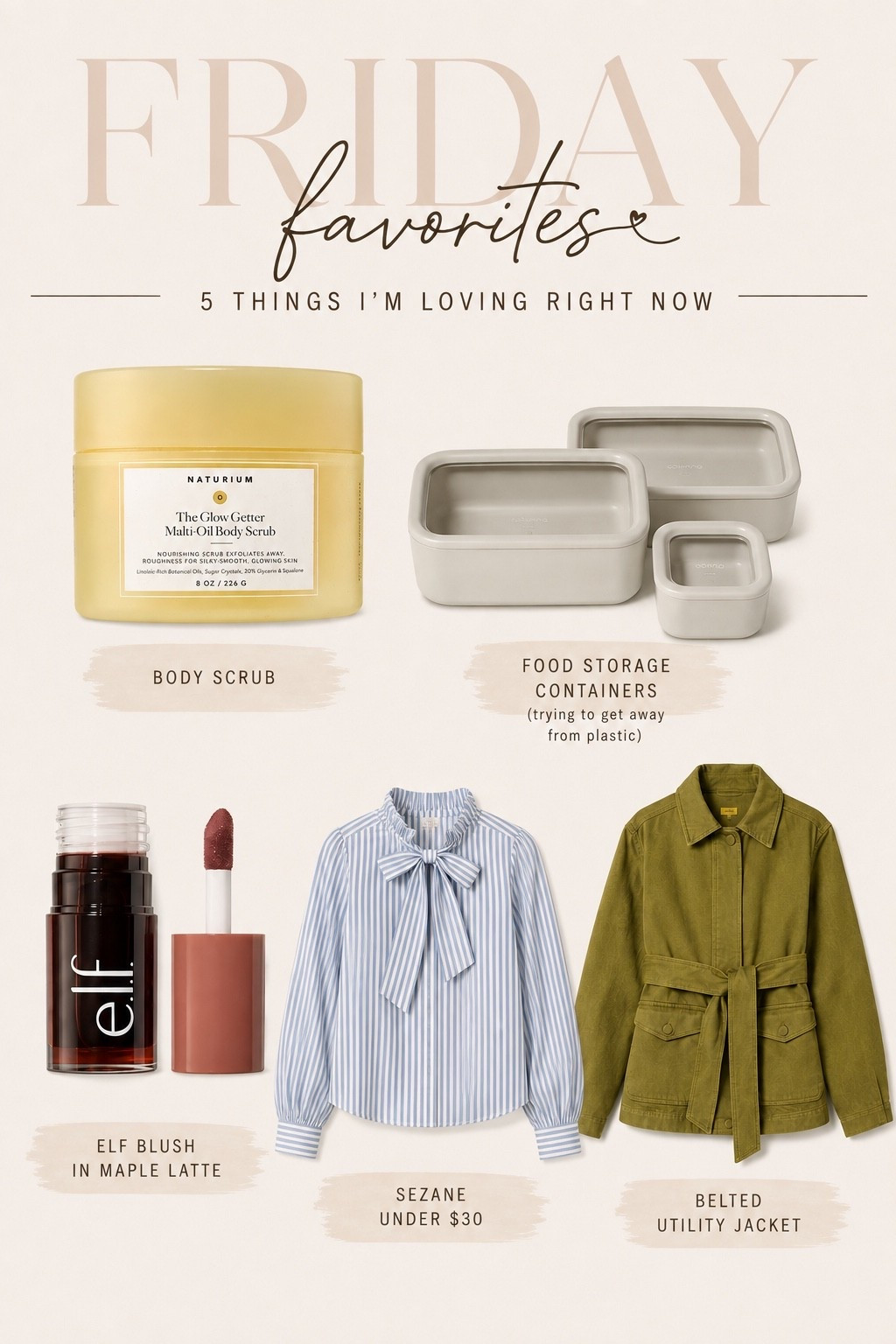Friday favorites 🤎 A little mix of beauty, home + fall fashion I’m loving right now! That $6 e.l.f. blush in Maple Latte is SO good, plus a few finds perfect for heading into fall. Everything is linked!

#LTKSeasonal #LTKBeauty #LTKootd