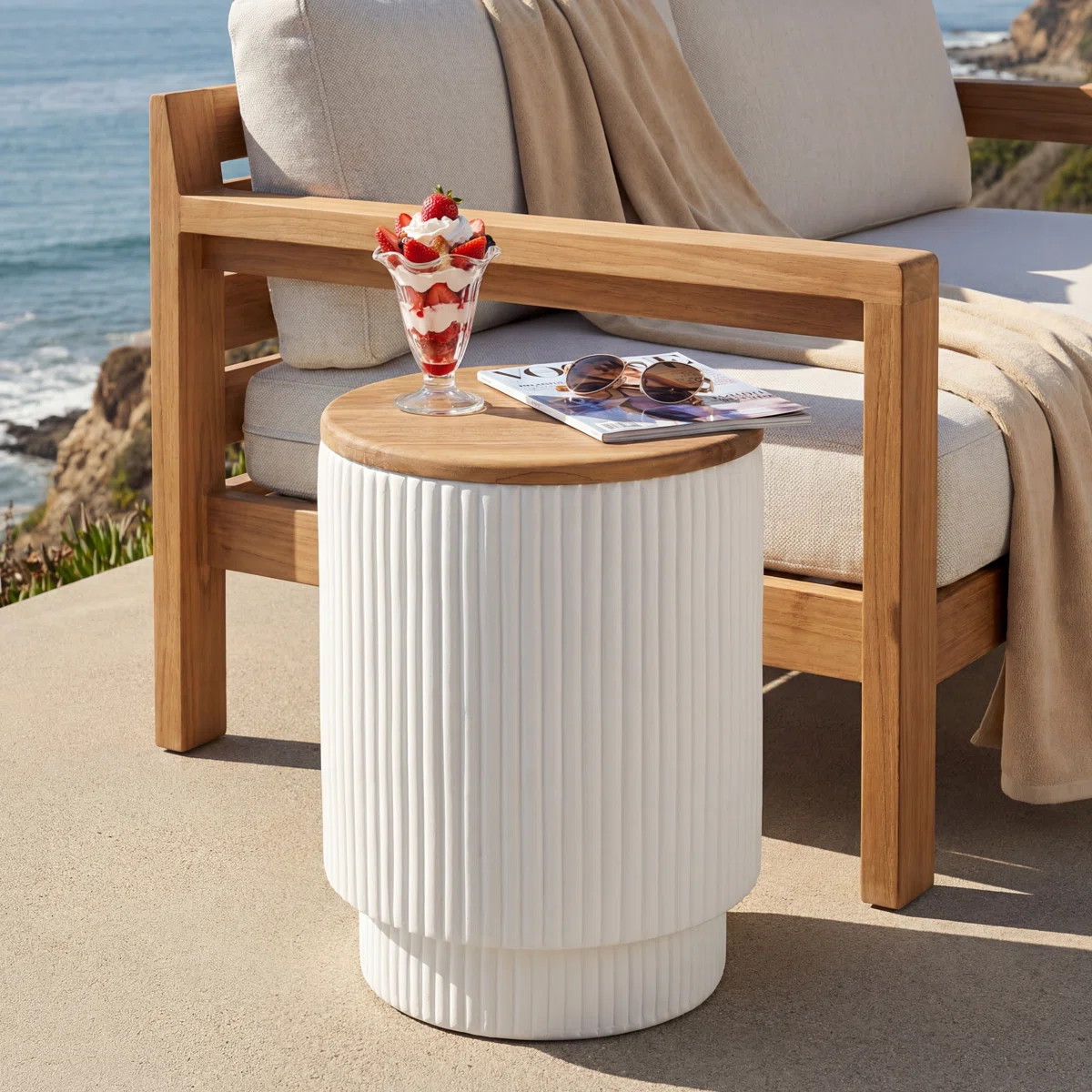 Ocevale Modern Coastal MGO Outdoor Storage Side Table with Acacia Wood Lid and Fluted Cylinder De... | Wayfair North America