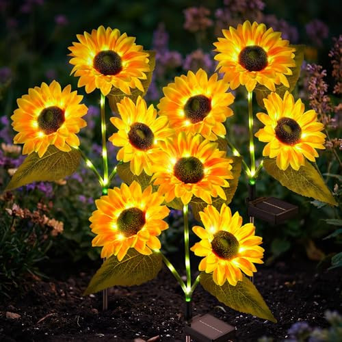 Brightown 3 Pack Solar Sunflowers Garden Decor,9 Solar Powered Sunflowers for Outside with Glowing Stems, Waterproof Solar Flowers Outdoor, Auto On Off Decorative Stakes Light for Yard, Patio, Lawn | Amazon (US)