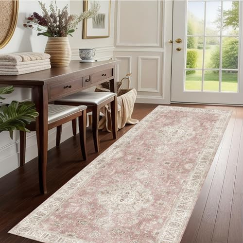 Runner Rug Non Slip 17"x47" Boho Rug Hallway Runner with Soft Pink Washable Runner Rug for Entryway Distressed Geometric Carpet Runners for Bedroom,Kitchen,Laundry,Indoor | Amazon (US)