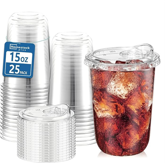 Homestockplus 25 Pack 15 oz BPA-Free Clear Plastic Cups with Strawless Sip Lids - Leak-Proof Roun... | Amazon (US)