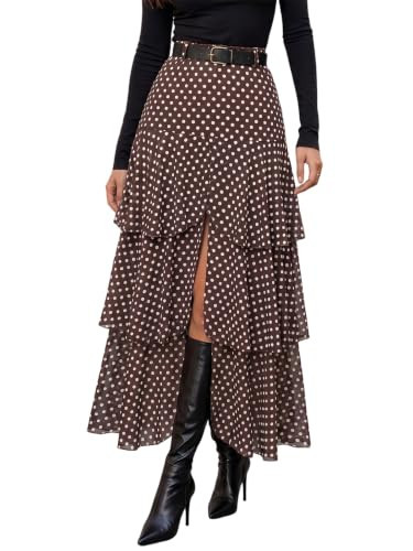 Wenrine Womens Mesh Maxi Skirt Polka Dot Front Split Tiered Plaid Skirts | Amazon (US)