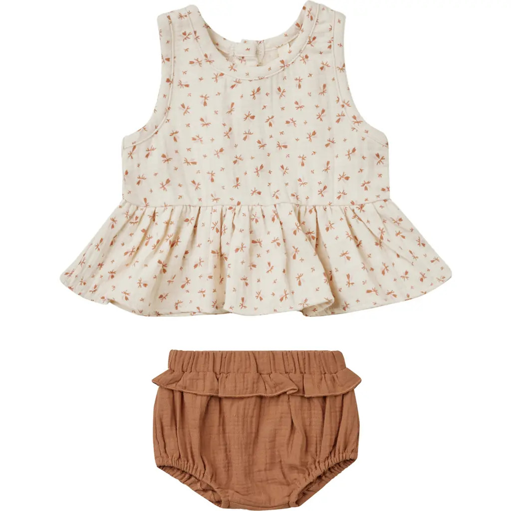 QUINCY MAE Organic Cotton Peplum Tank & Bloomers in Clay-Ditsy at Nordstrom, Size 0-3 M | Nordstrom