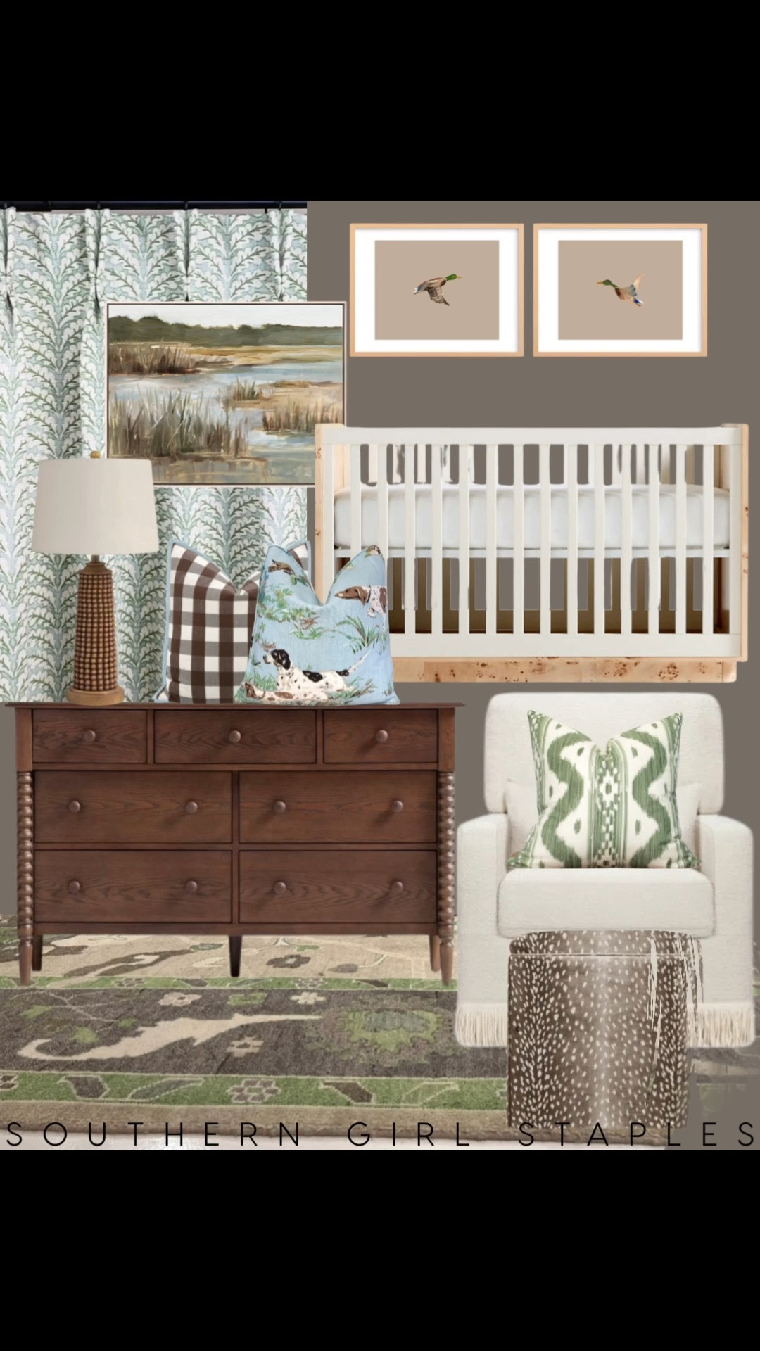 Boy nursery inspo featuring a handsome mix of rich woods, sporting dogs, and southern charm! This duck hunting–themed space blends traditional textures with playful prints, creating the perfect room for your little outdoorsman.

nursery decor | boy nursery | duck hunting nursery | sporting dog pillow | southern nursery | nursery ideas | classic nursery | green nursery | woodland nursery | nursery inspiration | crib | spindle dresser | glider chair | LTK nursery | baby boy room ideas | vintage nursery rug | antelope ottoman | nature-inspired nursery | southern charm style

#LTKBump #LTKKids #LTKBaby