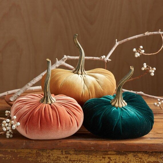 Velvet Pumpkins set of 3 Large, Fall wedding centerpiece, modern rustic wedding decor, mantle dec... | Etsy (US)