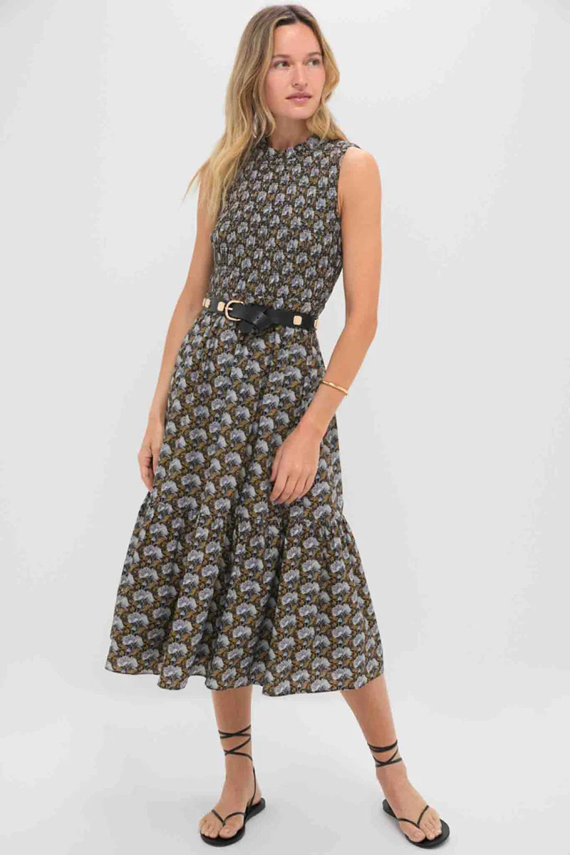 Black Leafy Floral Smocked Seaton Midi Dress | Tuckernuck (US)