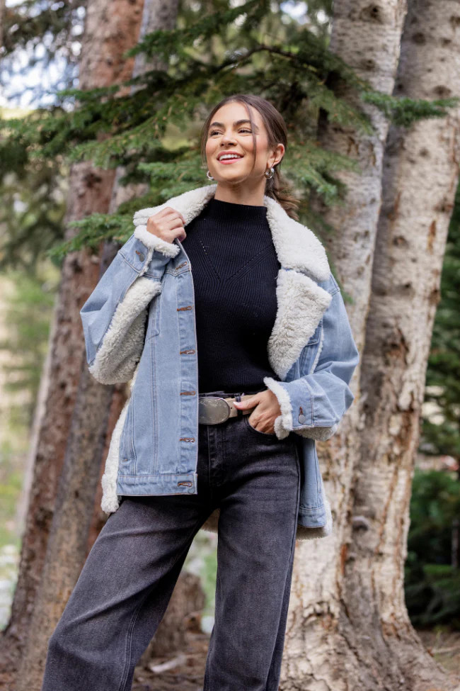 Picking Sides Light Wash Sherpa Detail Oversized Denim Jacket | Pink Lily