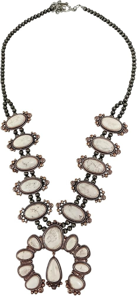Full Squash Blossom Necklace with White Turquoise & Navajo Beads, 30" Long, 3" Pendant, Antique C... | Amazon (US)