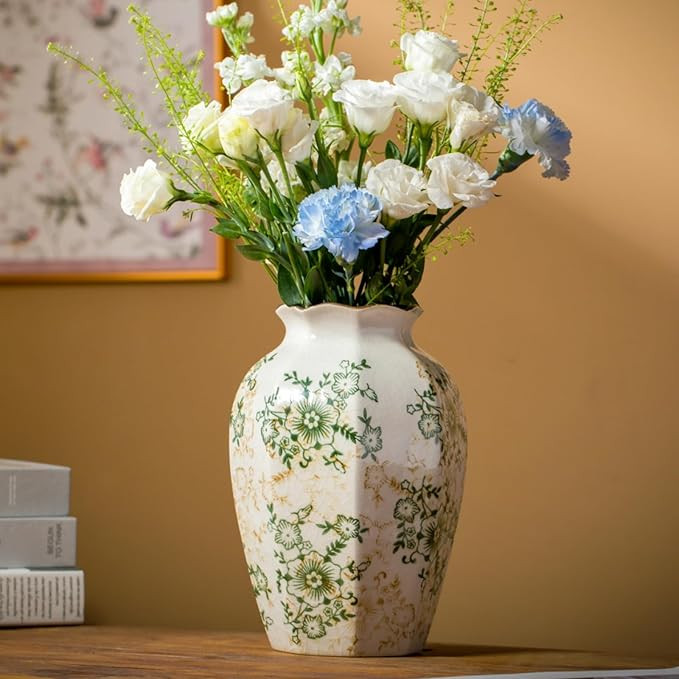 Green and White Vintage Ceramic Vase, 9.1 Inch Ice Glazed Crack Chinoiserie Rustic Floral vases, ... | Amazon (US)