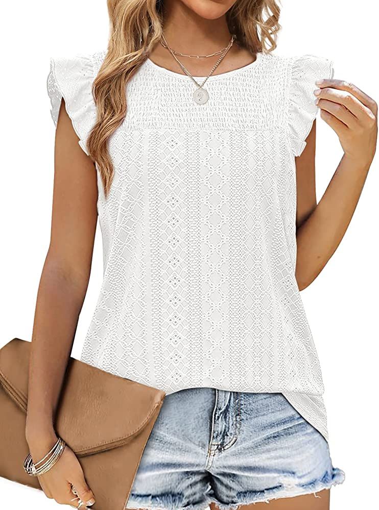 Jescakoo Summer Crewneck Tank Top for Women Ruffle Sleeve Blouses Fashion Eyelet | Amazon (US)