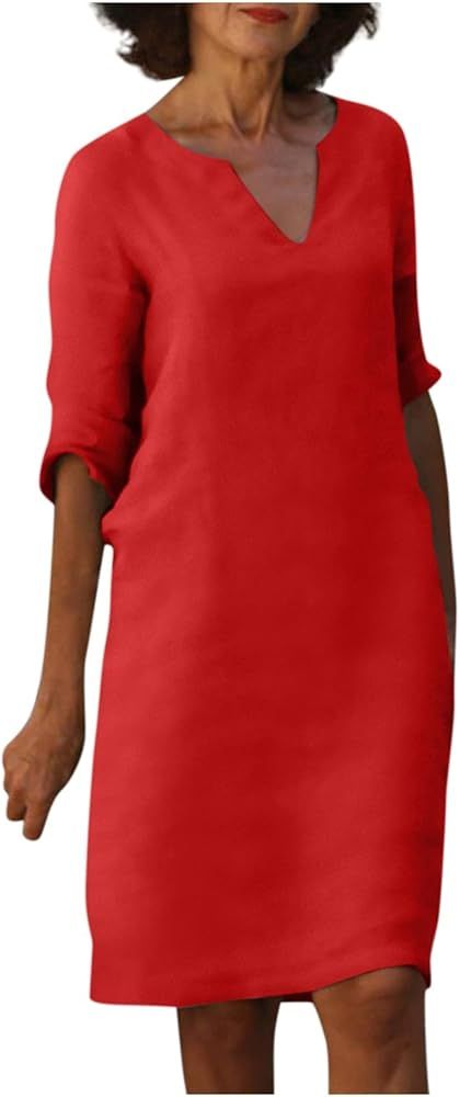 Linen Dress Women 2024, Casual Summer 3/4 Sleeve V Neck A Line Knee Length Dress Midi Shirt Cruis... | Amazon (US)